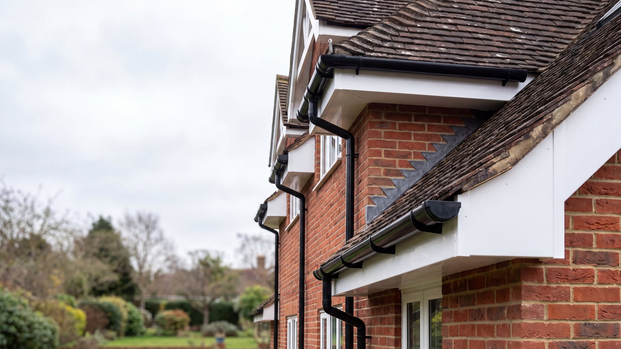 New white uPVC fascia, soffit and black guttering along the eaves of a brick house