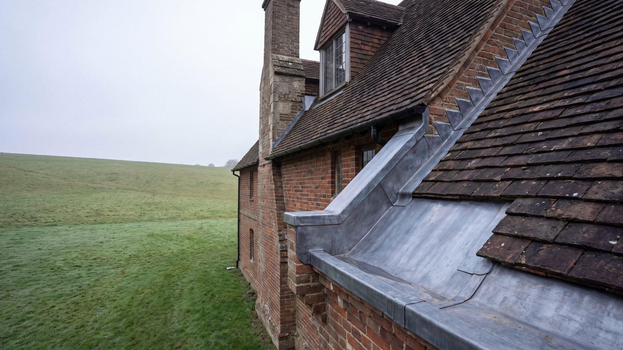 Dressed lead flashing and a lead lined valley gutter on a traditional tiled roof
