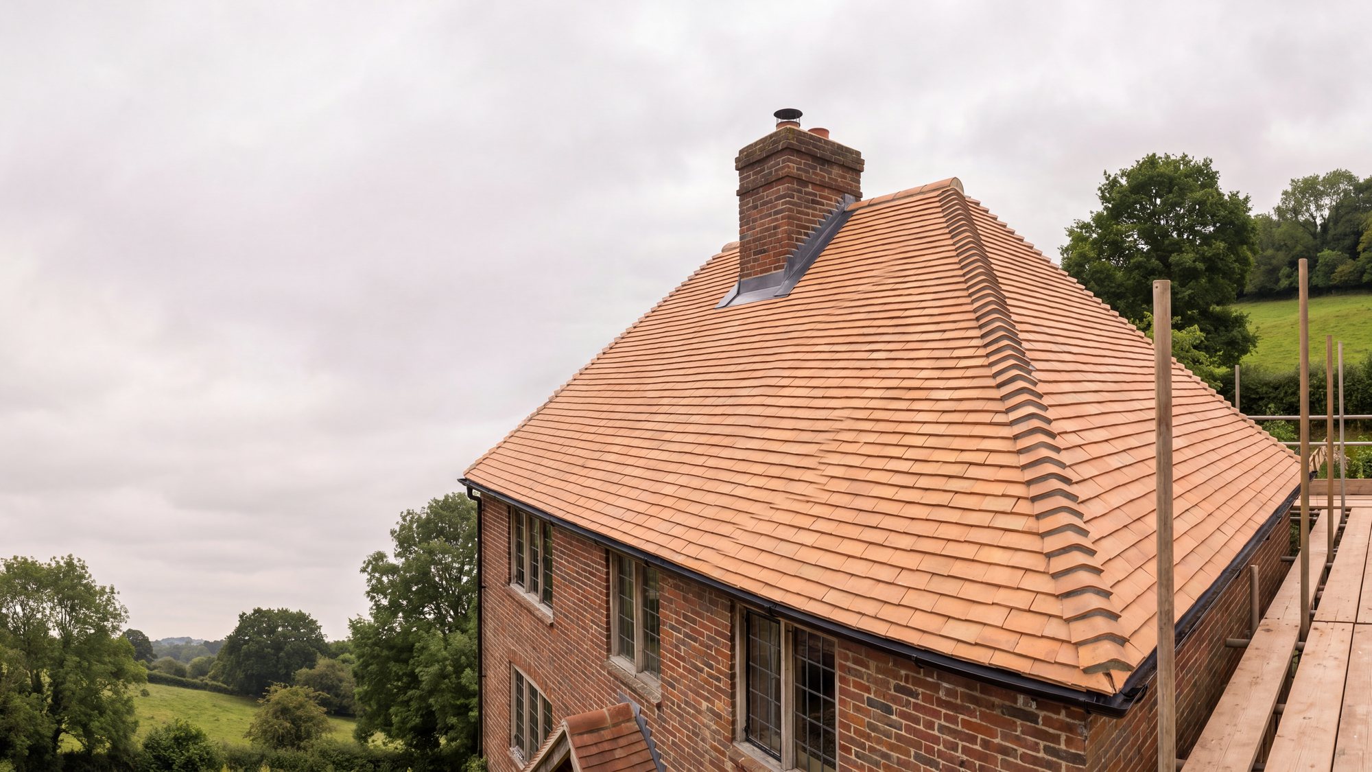 A newly completed pitched roof of fresh clay tiles with new lead flashing to the chimney
